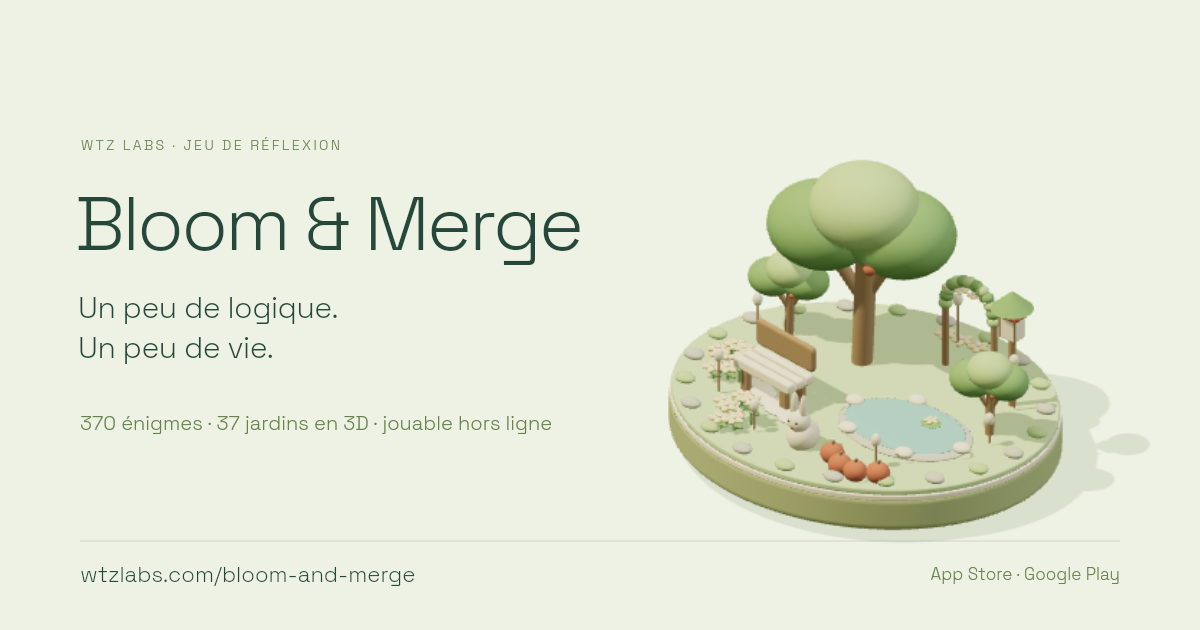 Bloom & Merge : le titre du jeu et sa promesse à gauche, un jardin 3D avec un grand arbre, un banc et un étang à droite.